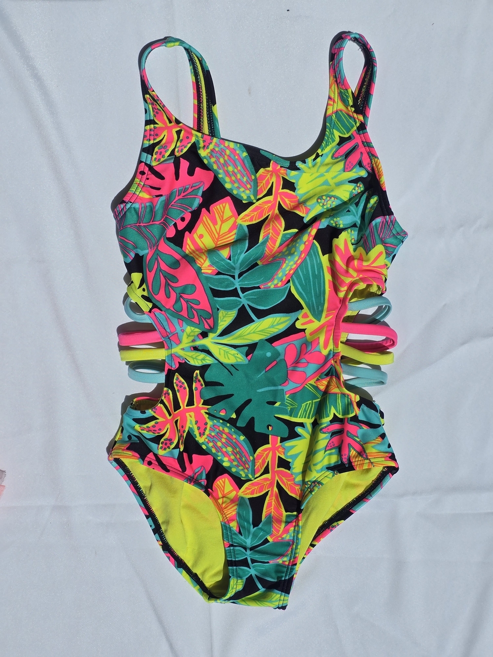 Cat & Jack Neon Tropical Leaf One-Piece Swimsuit - Pink, Yellow, Teal, Black 6-7